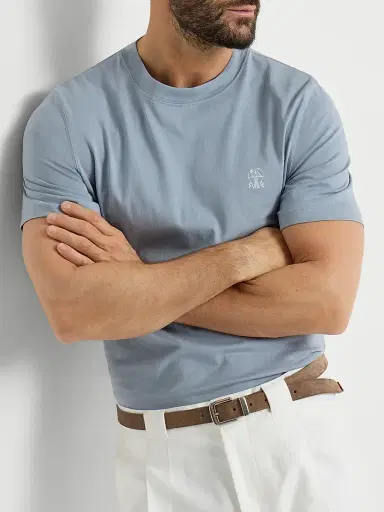 Brunello Cucinelli Men's Cotton Jersey Crew-Neck T-Shirt with Logo - Slate | Thumbnail 5 Brunello Cucinelli Men's Cotton Jersey Crew-Neck T-Shirt with Logo - Slate | Thumbnail 5
