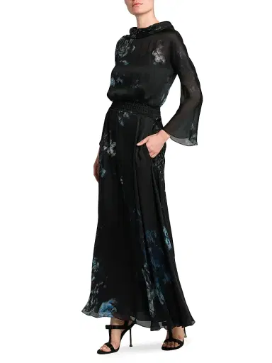 Giorgio Armani Women's Floral Silk Long-Sleeve Maxi Dress - Black Beauty | Thumbnail 4 Giorgio Armani Women's Floral Silk Long-Sleeve Maxi Dress - Black Beauty | Thumbnail 4