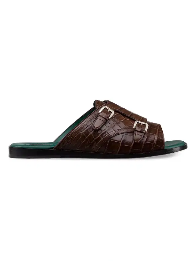 Men's Antique Crocodile Leather Monk Strap Sandals - Brown