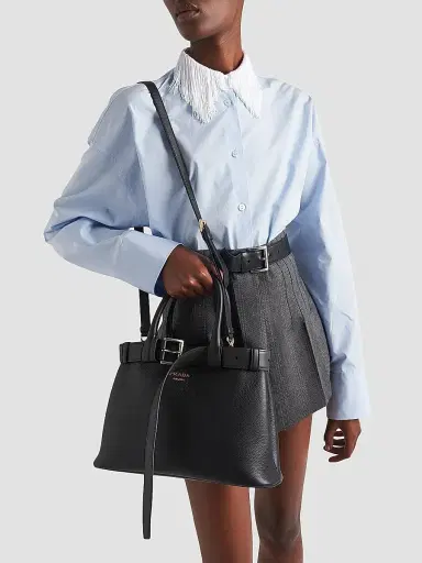 Prada Women's Buckle Medium Leather Top Handle Bag with Belt - Black | Thumbnail 8 Prada Women's Buckle Medium Leather Top Handle Bag with Belt - Black | Thumbnail 8