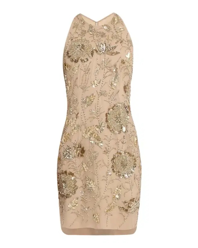 Floral Bead & Sequin Halter Mini Dress
