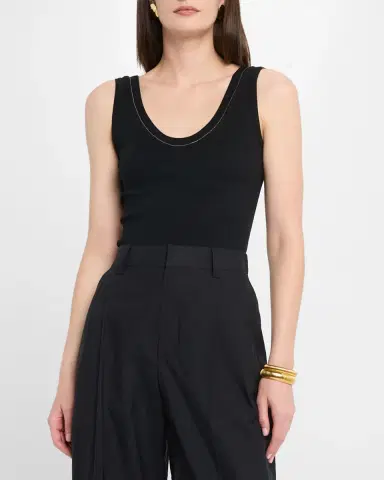 Brunello Cucinelli Monili Scoop-Neck Flat Cotton Rib Tank Top | Thumbnail 4