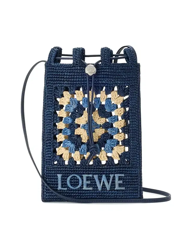Women's  x Paula's Ibiza Drawstring Crochet Raffia Pocket Pouch - Navy Sky Blue