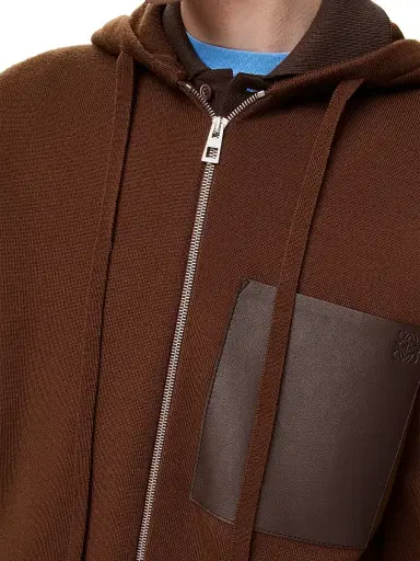 Loewe Men's Leather Patch Pocket & Wool Zip-Front Hoodie - Brown | Thumbnail 3 Loewe Men's Leather Patch Pocket & Wool Zip-Front Hoodie - Brown | Thumbnail 3