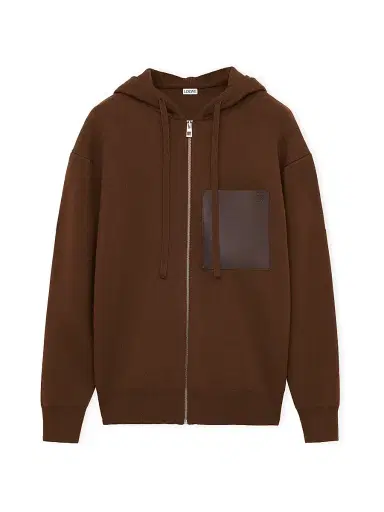 Loewe Men's Leather Patch Pocket & Wool Zip-Front Hoodie - Brown | Thumbnail 1 Loewe Men's Leather Patch Pocket & Wool Zip-Front Hoodie - Brown | Thumbnail 1