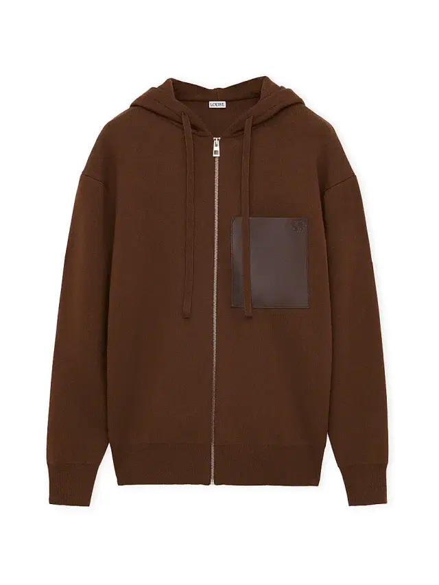LOEWE Men's Leather Patch Pocket & Wool Zip-Front Hoodie - Brown
