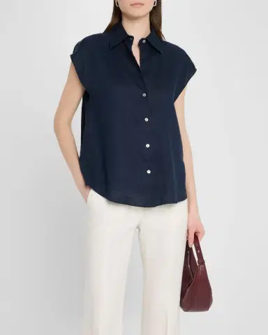 Vince Cap-Sleeve Linen Button-Front Blouse | Thumbnail 3