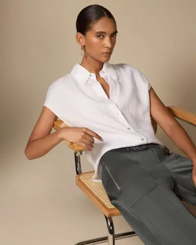 Vince Cap-Sleeve Linen Button-Front Blouse | Thumbnail 4
