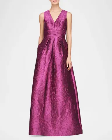 Kay Unger New York Mariah V-Neck Sleeveless Jacquard A-Line Gown | Thumbnail 2 Kay Unger New York Mariah V-Neck Sleeveless Jacquard A-Line Gown | Thumbnail 2