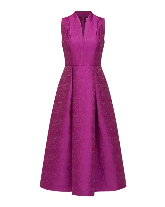 Kay Unger New York Allegra V-Neck Pleated Jacquard A-Line Dress