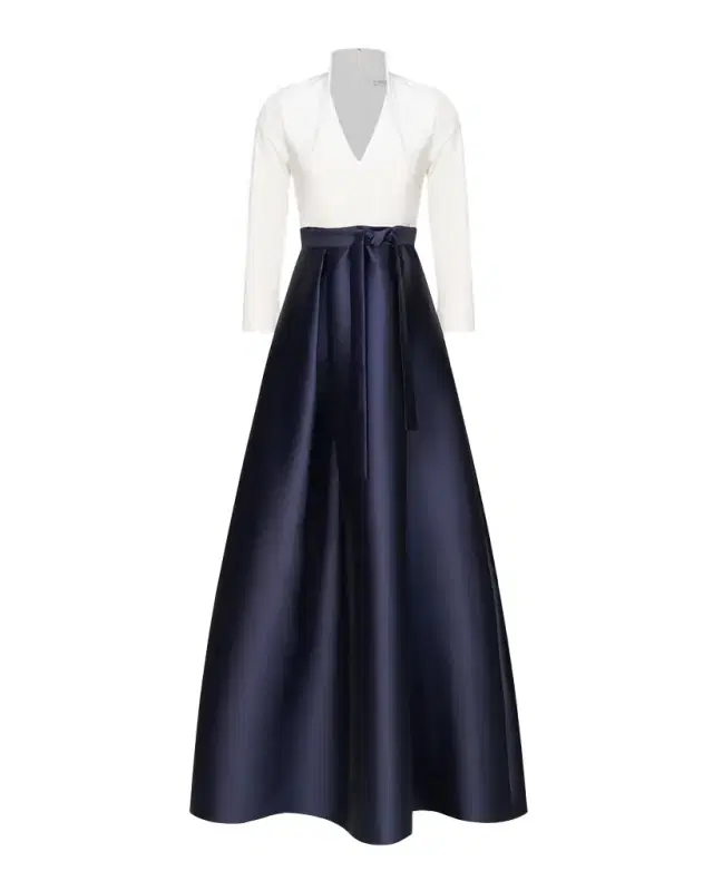 Kay Unger New York Phoebe 3/4-Sleeve Collared Poplin A-Line Gown
