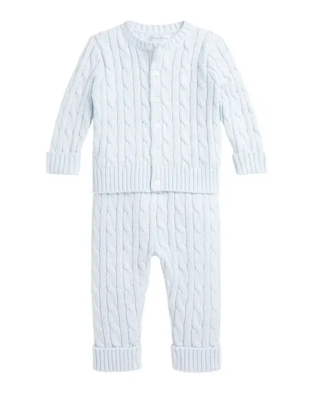Kid 's Cotton Cable Knit Sweater & Pants Set, Size Newborn-24M