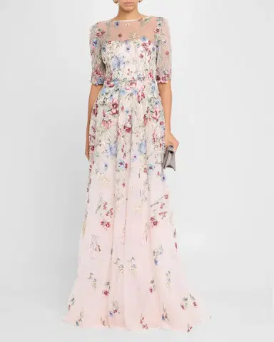 Rickie Freeman for Teri Jon Floral-Embroidered Illusion Tulle Gown | Thumbnail 2