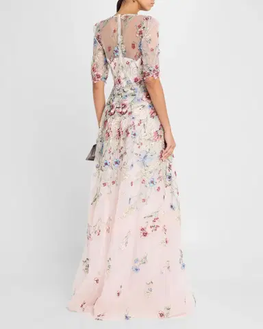 Rickie Freeman for Teri Jon Floral-Embroidered Illusion Tulle Gown | Thumbnail 3