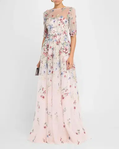 Rickie Freeman for Teri Jon Floral-Embroidered Illusion Tulle Gown | Thumbnail 4