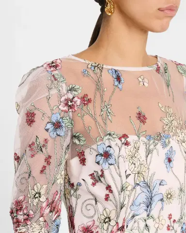 Rickie Freeman for Teri Jon Floral-Embroidered Illusion Tulle Gown | Thumbnail 5
