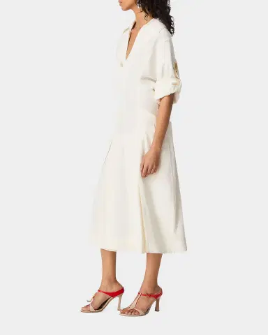 Bottega Veneta Fit-and-Flare Grainy Midi Dress with Frog Embellishments | Thumbnail 3 Bottega Veneta Fit-and-Flare Grainy Midi Dress with Frog Embellishments | Thumbnail 3