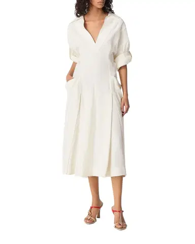 Bottega Veneta Fit-and-Flare Grainy Midi Dress with Frog Embellishments | Thumbnail 1 Bottega Veneta Fit-and-Flare Grainy Midi Dress with Frog Embellishments | Thumbnail 1