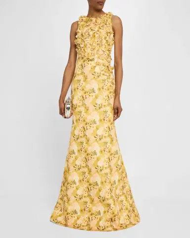 Badgley Mischka Collection Floral-Print Scuba Trumpet Gown | Thumbnail 3 Badgley Mischka Collection Floral-Print Scuba Trumpet Gown | Thumbnail 3