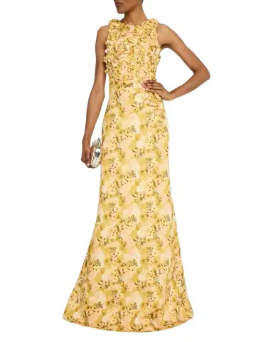 Badgley Mischka Collection Floral-Print Scuba Trumpet Gown | Thumbnail 1 Badgley Mischka Collection Floral-Print Scuba Trumpet Gown | Thumbnail 1