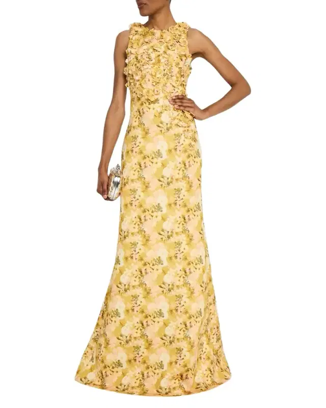 Floral-Print Scuba Trumpet Gown