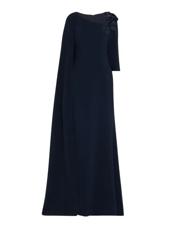 Rickie Freeman for Teri Jon Cape-Sleeve Floral Applique Trumpet Gown