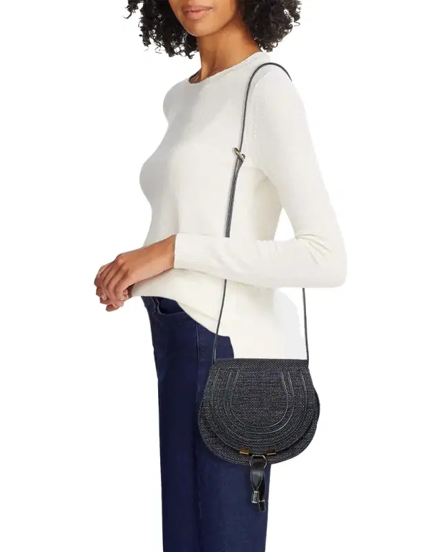 Chloe Marcie Flap Saddle Crossbody Bag in Raffia Fabric and Leather