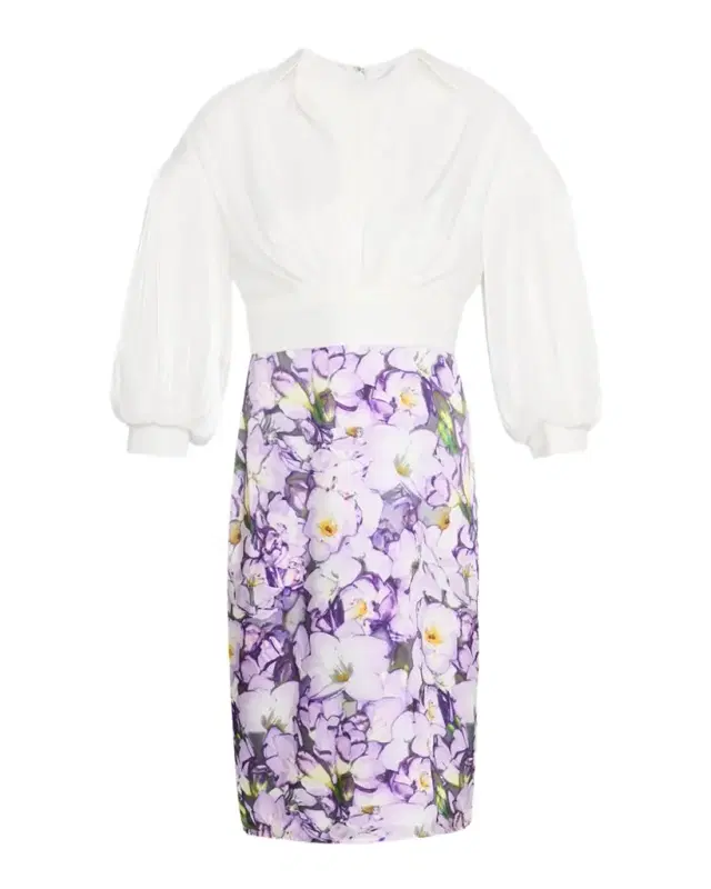 Badgley Mischka Collection Ruched Floral-Print Mixed Media Dress