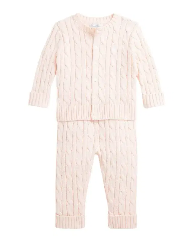 Kid 's Cotton Cable Knit Sweater & Pants Set, Size Newborn-24M