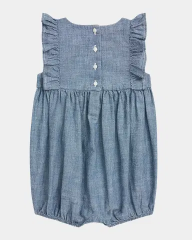 Polo Ralph Lauren Girl's Chambray Ruffle-Trim Bubble Romper, Size 3M-24M | Thumbnail 2 Polo Ralph Lauren Girl's Chambray Ruffle-Trim Bubble Romper, Size 3M-24M | Thumbnail 2