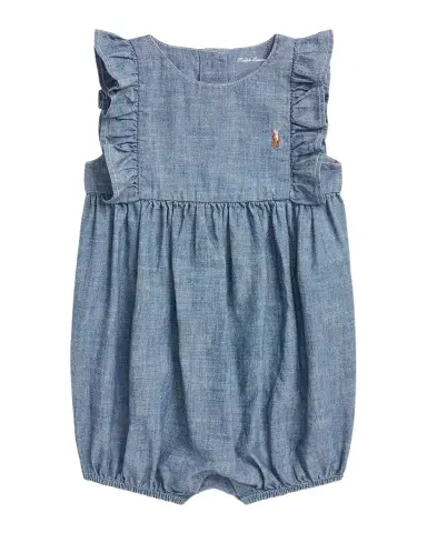 Polo Ralph Lauren Girl's Chambray Ruffle-Trim Bubble Romper, Size 3M-24M | Thumbnail 1 Polo Ralph Lauren Girl's Chambray Ruffle-Trim Bubble Romper, Size 3M-24M | Thumbnail 1