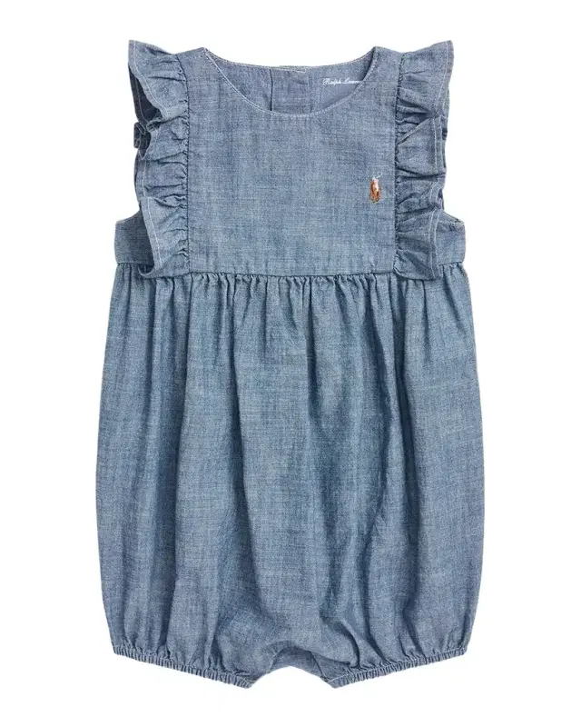 Girl 's Chambray Ruffle-Trim Bubble Romper, Size 3M-24M