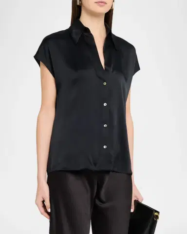 Vince Cap-Sleeve Ruched-Back Silk Blouse | Thumbnail 3