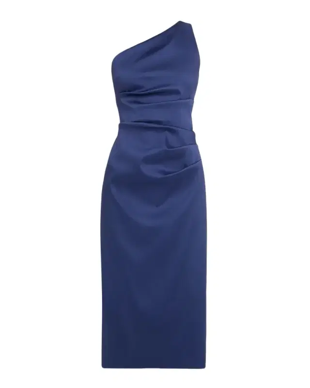 One-Shoulder Stretch Mikado Midi Dress
