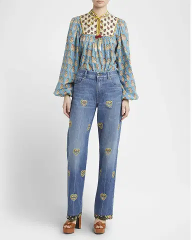Valentino Garavani Embroidered Heart Denim Pants with Floral Boarder | Thumbnail 2 Valentino Garavani Embroidered Heart Denim Pants with Floral Boarder | Thumbnail 2