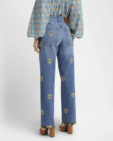 Valentino Garavani Embroidered Heart Denim Pants with Floral Boarder | Thumbnail 3 Valentino Garavani Embroidered Heart Denim Pants with Floral Boarder | Thumbnail 3