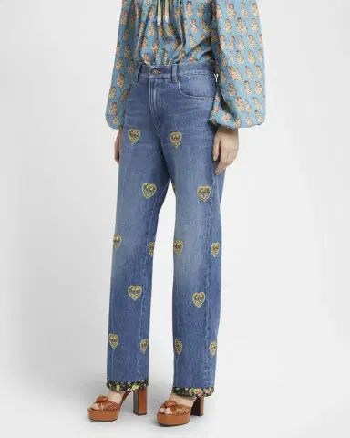 Valentino Garavani Embroidered Heart Denim Pants with Floral Boarder | Thumbnail 4 Valentino Garavani Embroidered Heart Denim Pants with Floral Boarder | Thumbnail 4