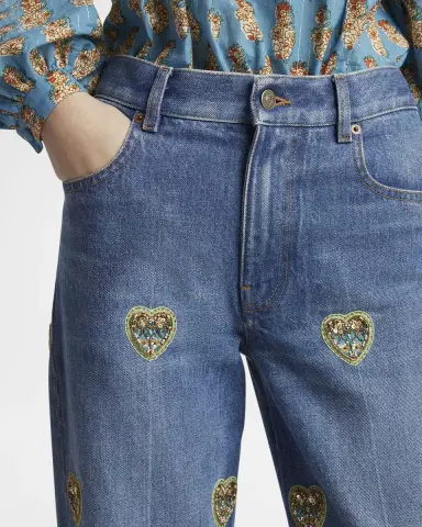 Valentino Garavani Embroidered Heart Denim Pants with Floral Boarder | Thumbnail 5 Valentino Garavani Embroidered Heart Denim Pants with Floral Boarder | Thumbnail 5