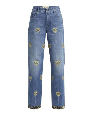 Valentino Garavani Embroidered Heart Denim Pants with Floral Boarder | Thumbnail 1 Valentino Garavani Embroidered Heart Denim Pants with Floral Boarder | Thumbnail 1