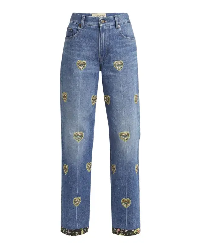 Valentino Garavani Embroidered Heart Denim Pants with Floral Boarder