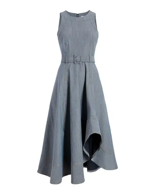 Cinq a Sept Zelda Belted Asymmetric Sleeveless Denim Midi Dress