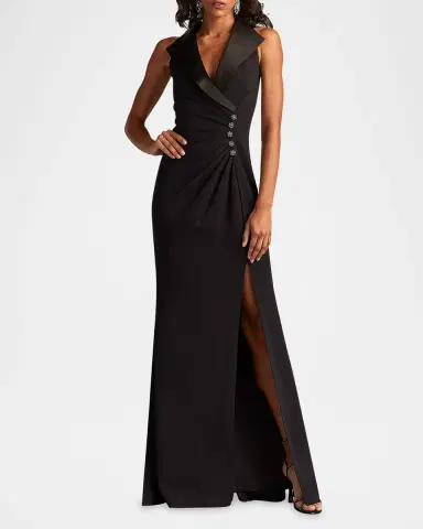 Tadashi Shoji Pleated Jewel-Embellished Crepe Tuxedo Gown | Thumbnail 2