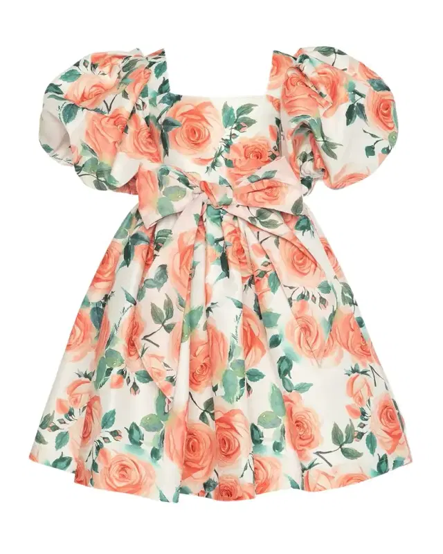 Girl 's Rose Balloon-Sleeve Dress, SIze 3T-12