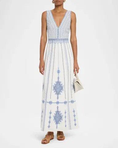 Emporio Sirenuse Nellie Astragal Embroidered Sleeveless Maxi Dress | Thumbnail 4 Emporio Sirenuse Nellie Astragal Embroidered Sleeveless Maxi Dress | Thumbnail 4