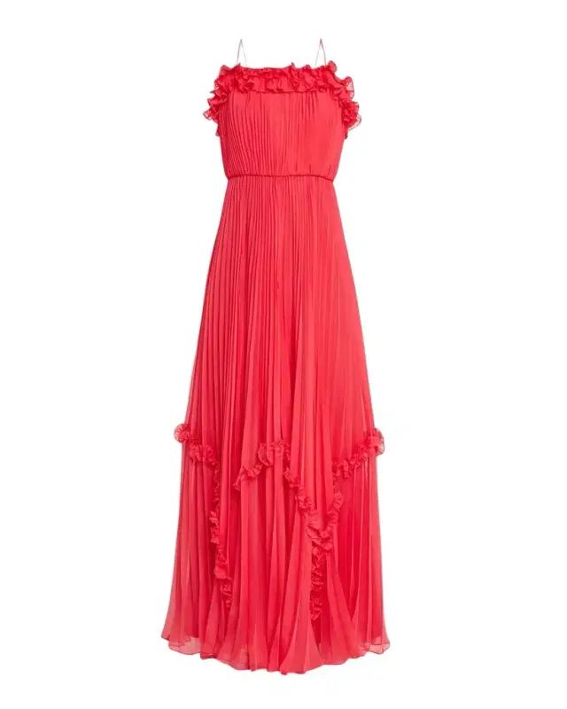 BCBGMAXAZRIA Sleeveless Pleated Ruffle-Trim Gown
