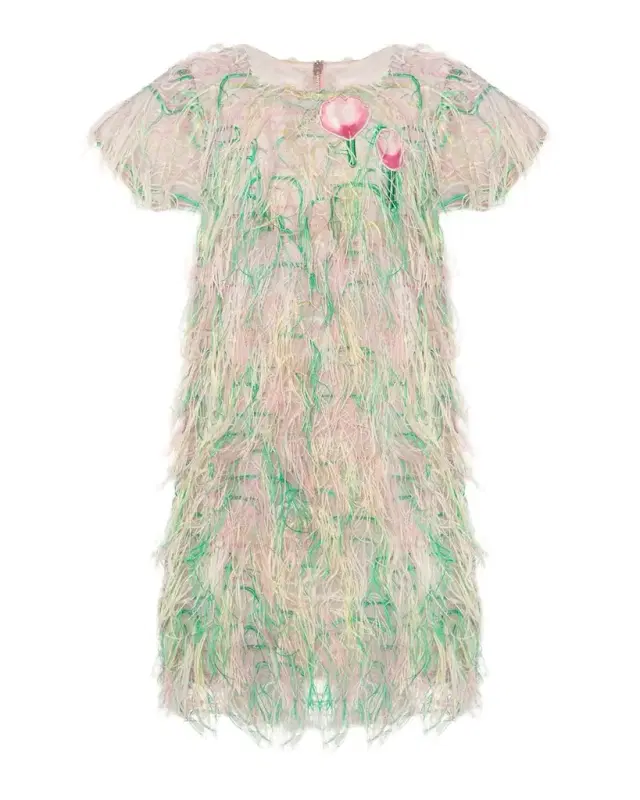 Girl 's Rainbow Tassel Short-Sleeve Dress, Size 3T-12