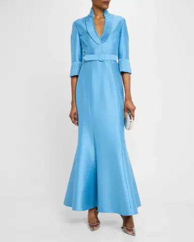Badgley Mischka Pleated-Trim Trumpet Mikado Gown | Thumbnail 2