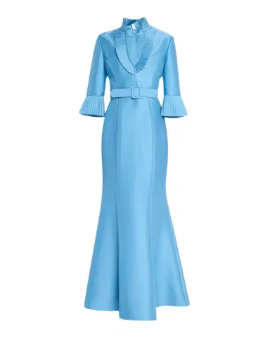 Badgley Mischka Pleated-Trim Trumpet Mikado Gown | Thumbnail 1