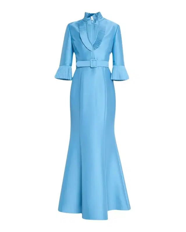 Pleated-Trim Trumpet Mikado Gown
