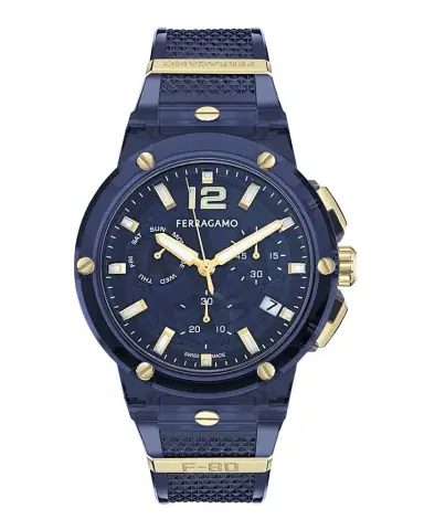 Ferragamo F-80 44mm Translucent Blue Bioplastic Chronograph Watch | Thumbnail 1 Ferragamo F-80 44mm Translucent Blue Bioplastic Chronograph Watch | Thumbnail 1